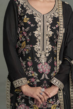 Black Chinon Silk Palazzo Suit For Indian Wedding & Pakistani Festival - Embroidery Work - hem and footwear detail