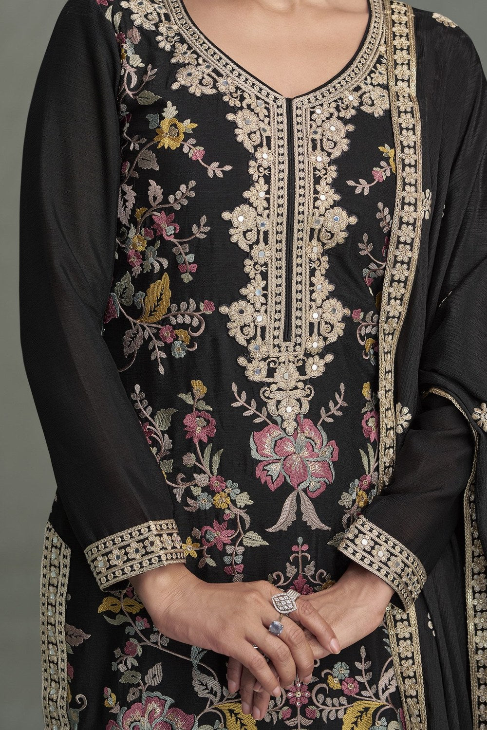 Black Chinon Silk Palazzo Suit For Indian Wedding & Pakistani Festival - Embroidery Work - hem and footwear detail