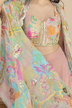 Light Pink Chinon Silk Plazo Choli With Shrug For Indian & Pakistani Wedding Festival - Thread & Sequins Embroidery Work, Print Work - hem and footwear detail