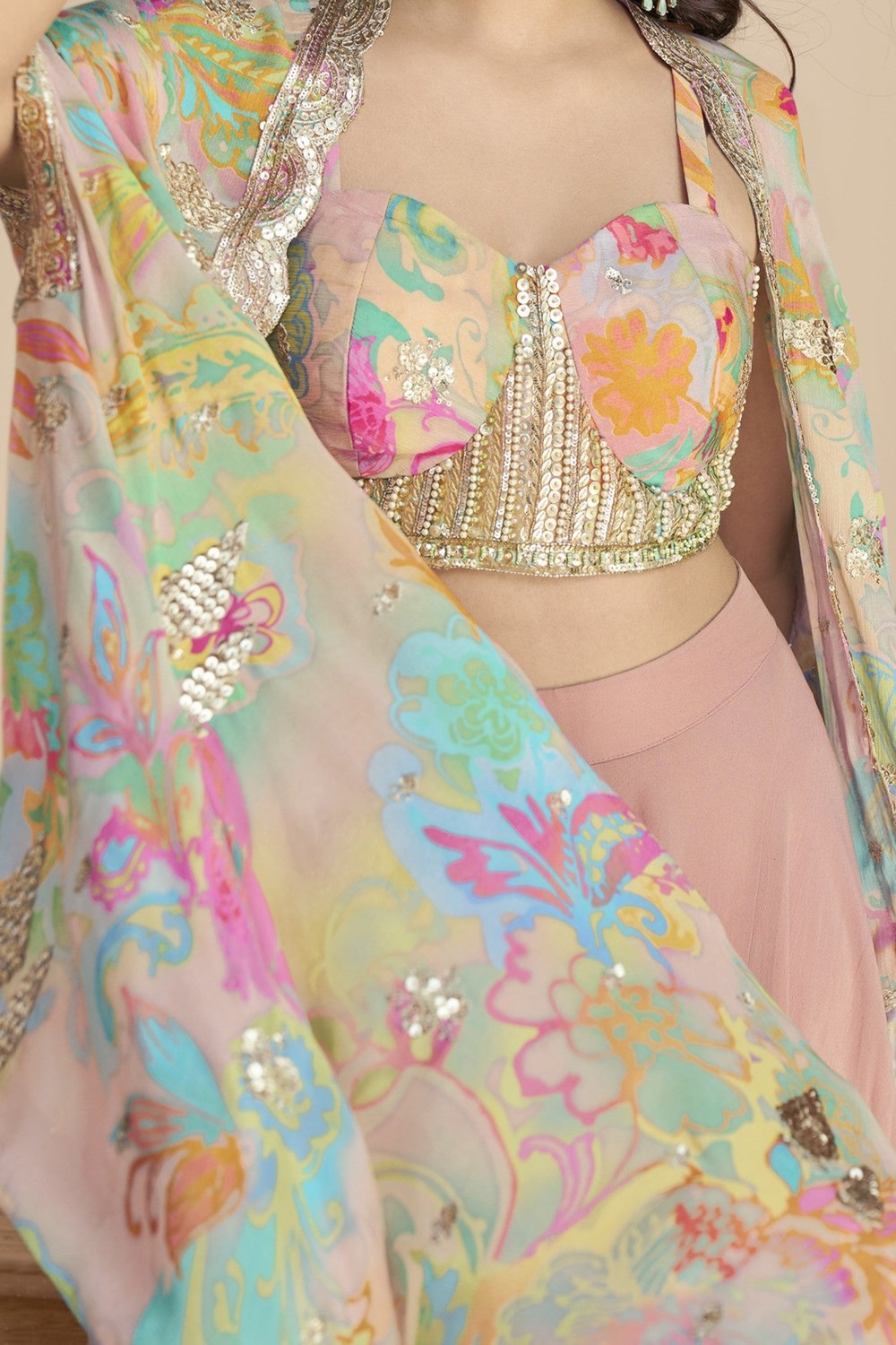 Light Pink Chinon Silk Plazo Choli With Shrug For Indian & Pakistani Wedding Festival - Thread & Sequins Embroidery Work, Print Work - hem and footwear detail