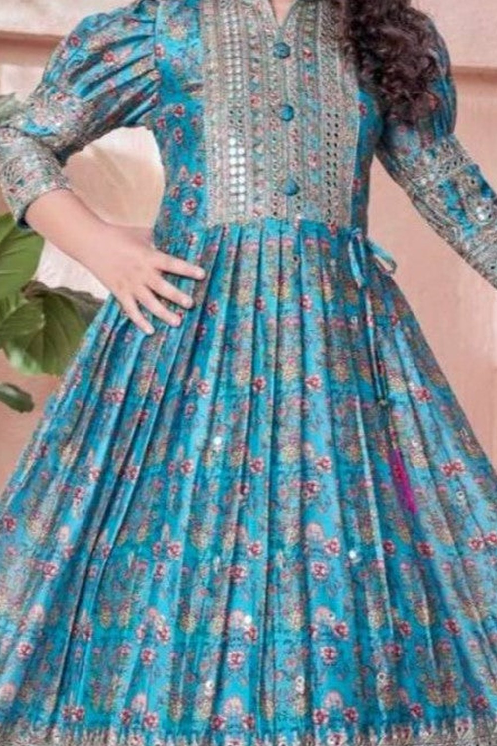 Teal Chinon Silk Kids Wear Girls Flower Printed Gown with Dupatta Suit for Kids for Festivals & Wedding - Sequence Embroidery Work, Print Work - detail view