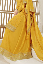 Yellow Jacquard Silk Palazzo Suit For Indian Festivals & Pakistani Plazo Weddings Dress - Embroidery Work - hem and footwear detail