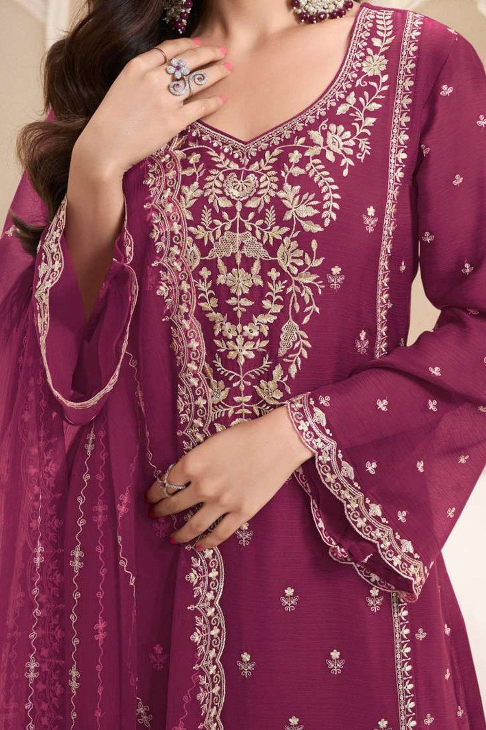 Maroon Chiffon Silk Long Kameez Pant Suit For Indian Festivals & Weddings - Embroidery Work - hem and footwear detail