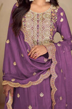 Purple Chinon Silk Thread Work Plazo Dress for Women - hem and footwear detail