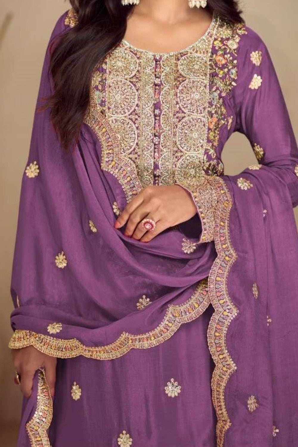 Purple Chinon Silk Thread Work Plazo Dress for Women - hem and footwear detail