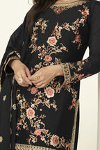 Black Chinon Silk Palazzo Suit For Indian & Pakistani Wedding Festival - Thread Embroidery Work - hem and footwear detail