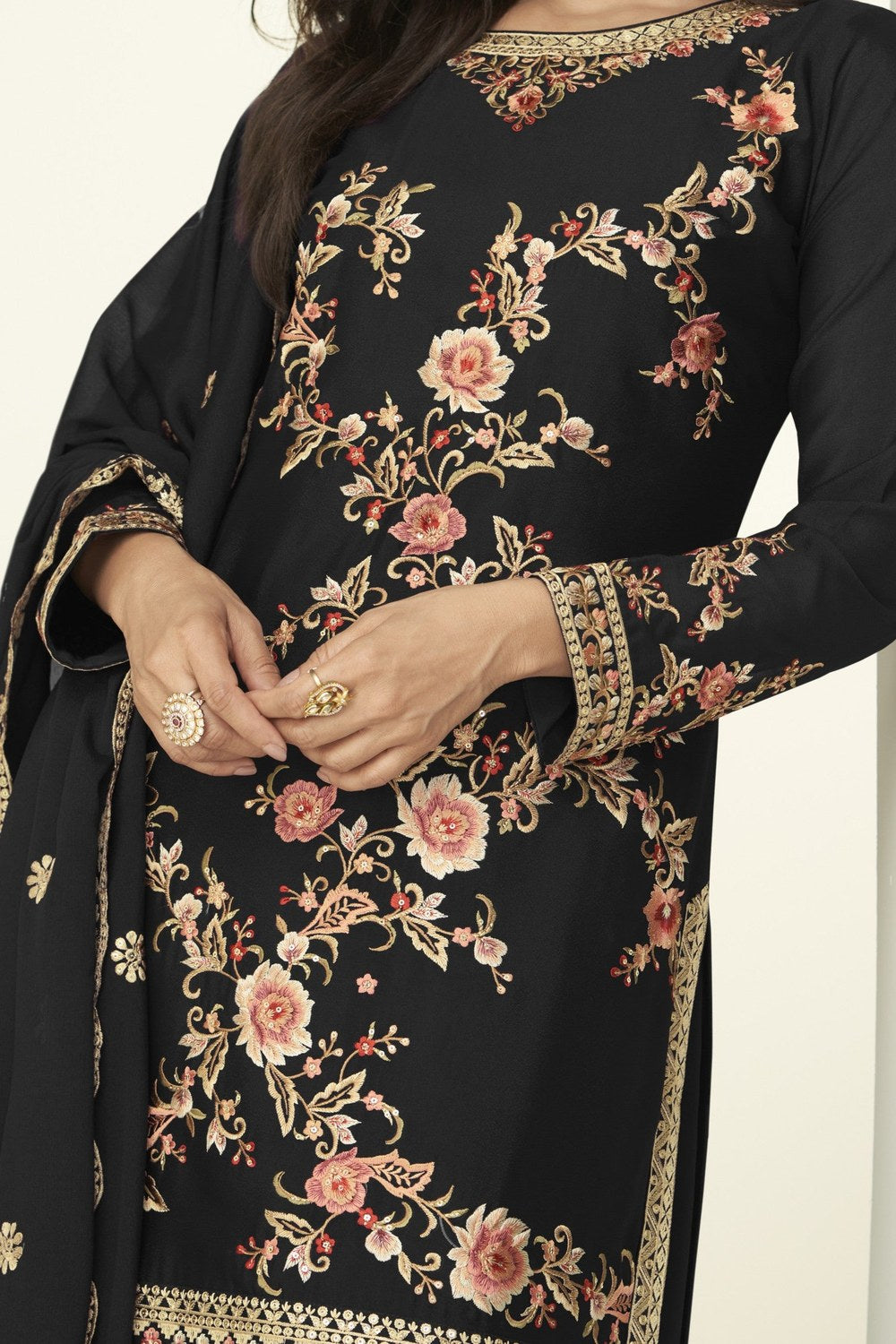 Black Chinon Silk Palazzo Suit For Indian & Pakistani Wedding Festival - Thread Embroidery Work - hem and footwear detail