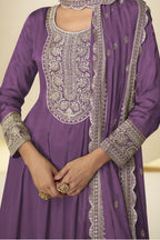 Purple Chinon Silk Palazo Suit For Indian & Pakistani Wedding Festival - Thread & Sequins Embroidery Work - hem and footwear detail