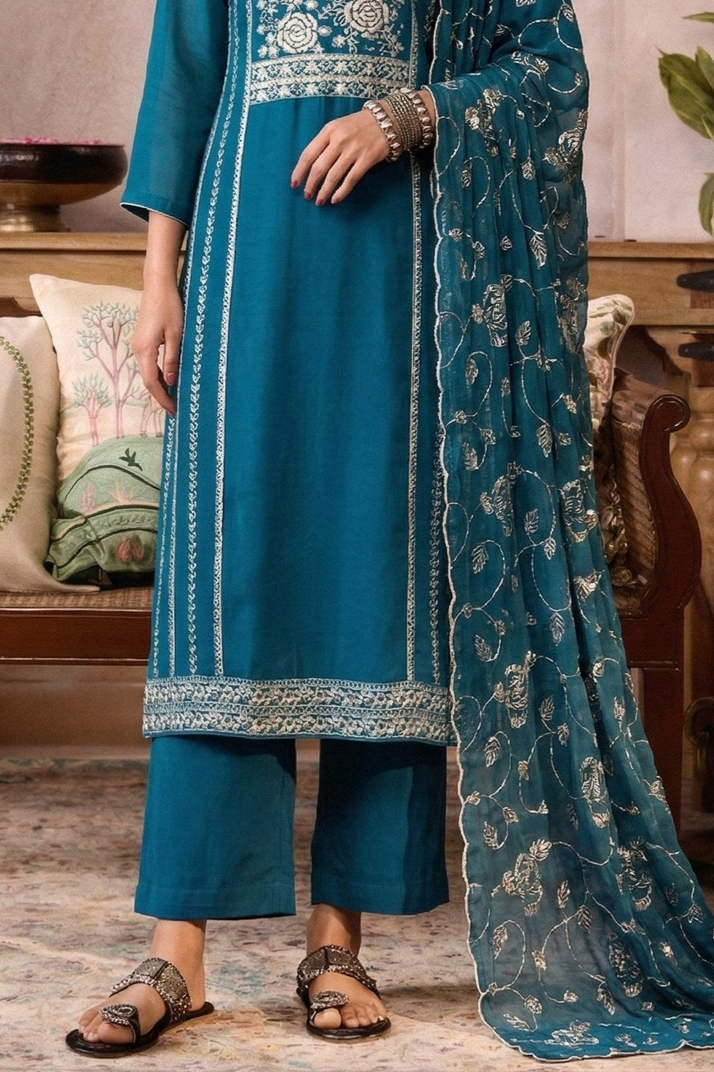 Teal Dress for Wedding - Kameez with Pant in Organza with Embroidery - hem and footwear detail