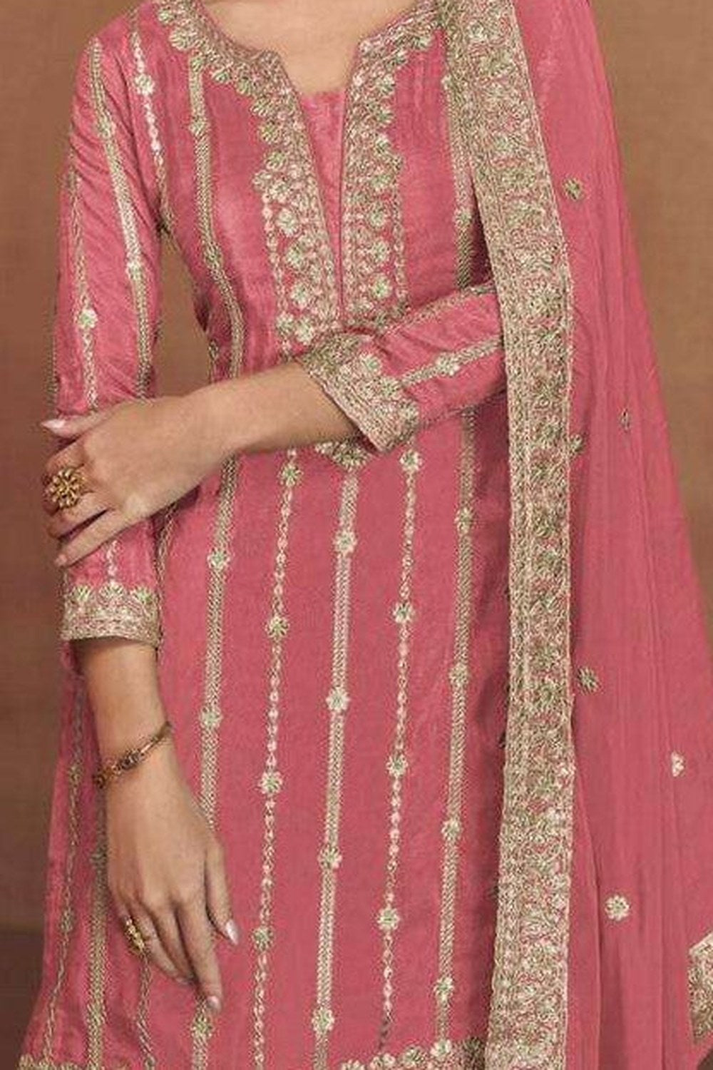 Pink Shimmer Silk Women Ethnic Clothing Plazo Suit - Embroidery Work - hem and footwear detail