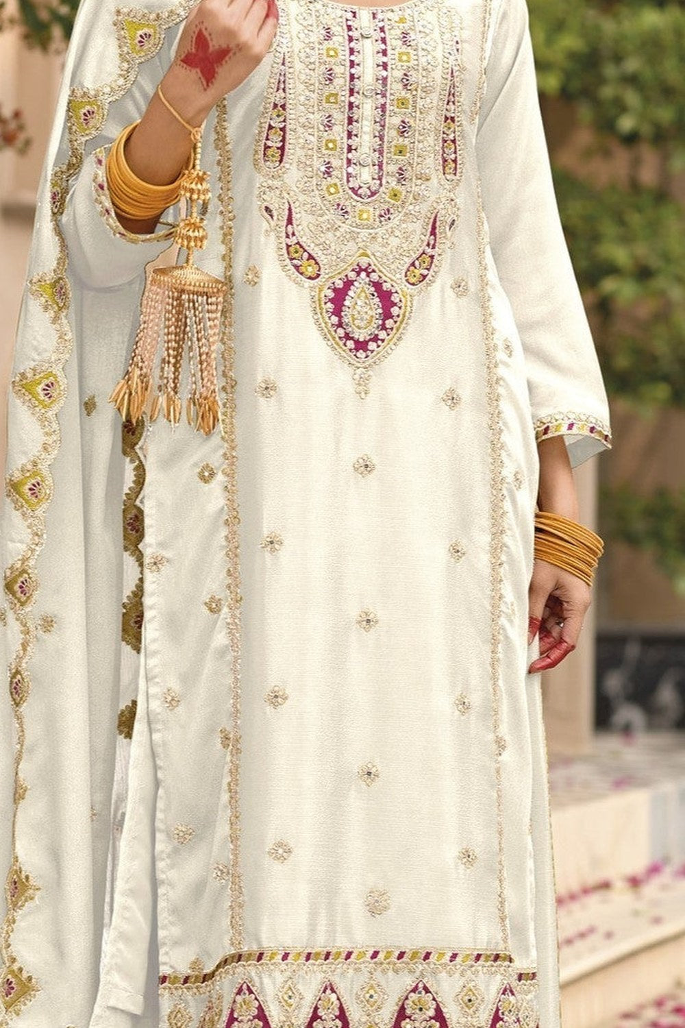 White Chinon Silk Kameez With Palazzo Suit For Indian & Pakistani Wedding Festival - Thread & Sequence Embroidery - detail view