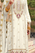 White Chinon Silk Kameez With Palazzo Suit For Indian & Pakistani Wedding Festival - Thread & Sequence Embroidery - detail view
