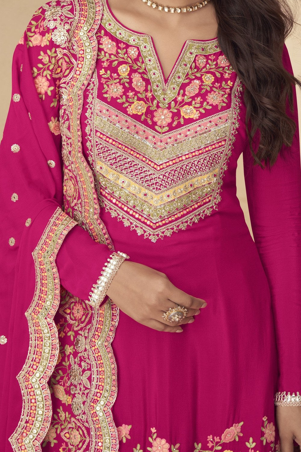 Palazo for Sangeet Pink Chinon Silk With Embroidery Work - hem and footwear detail