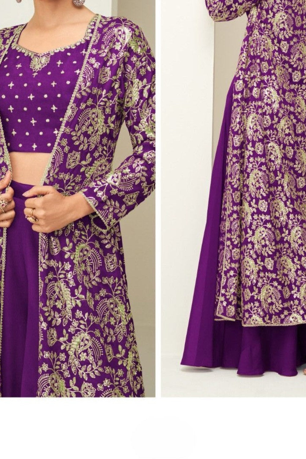 Purple Chinon Silk Crop Top and Palazzo with Long Jacket - Thread & Sequins Work - hem and footwear detail