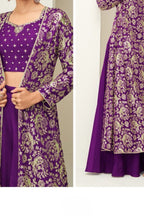 Purple Chinon Silk Crop Top and Palazzo with Long Jacket - Thread & Sequins Work - hem and footwear detail