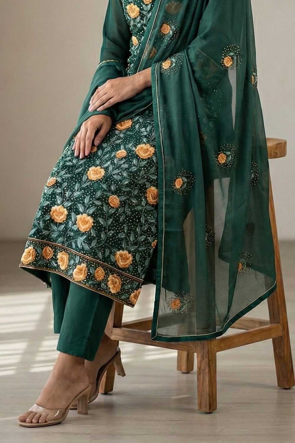 Dark Green Georgette Kameez With Pant For Indian & Pakistani Wedding Festival - Thread & Sequins Embroidery Work - hem and footwear detail