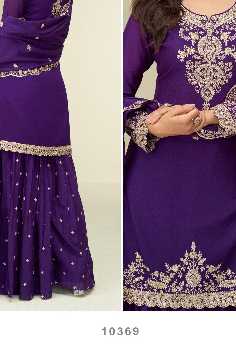 Purple Chinon Silk Plazo Suit For Indian & Pakistani Wedding Festival - Thread & Sequins Embroidery Work - hem and footwear detail