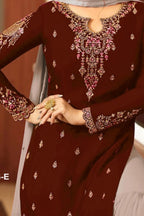 Reddish Maroon Georgette Sharara Suit for Women for Wedding & Marriage - Thread Embroidery Work - hem and footwear detail