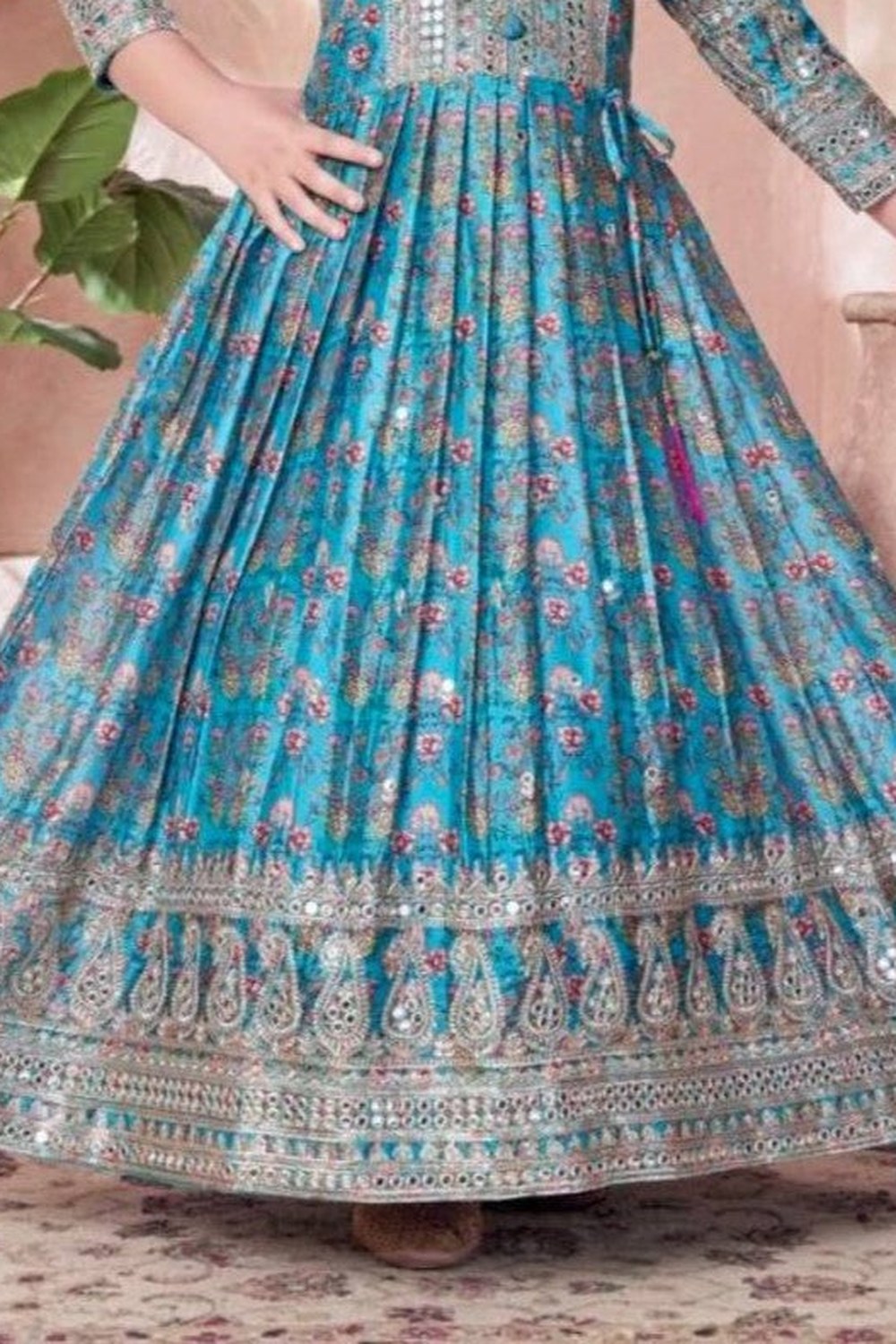 Teal Chinon Silk Kids Wear Girls Flower Printed Gown with Dupatta Suit for Kids for Festivals & Wedding - Sequence Embroidery Work, Print Work - hem and footwear detail