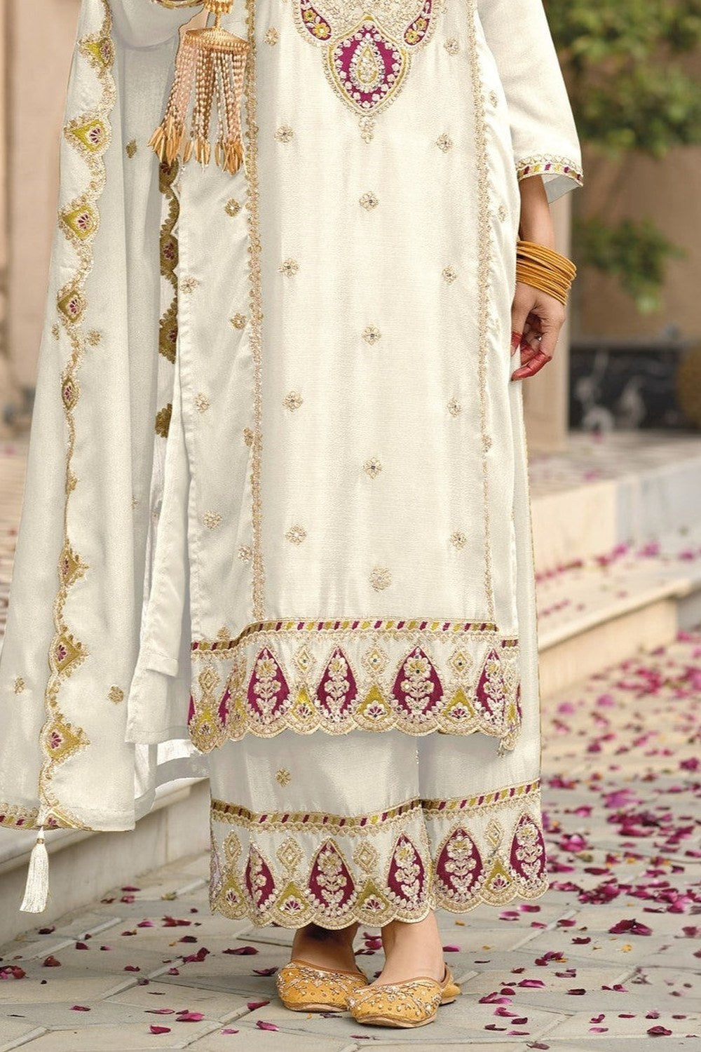 White Chinon Silk Kameez With Palazzo Suit For Indian & Pakistani Wedding Festival - Thread & Sequence Embroidery - hem and footwear detail