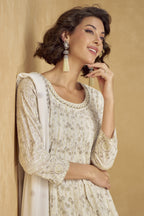 White Georgette Plazo Suit For Indian & Pakistani Wedding Festival - Thread Embroidery Work, Sequence Embroidery Work