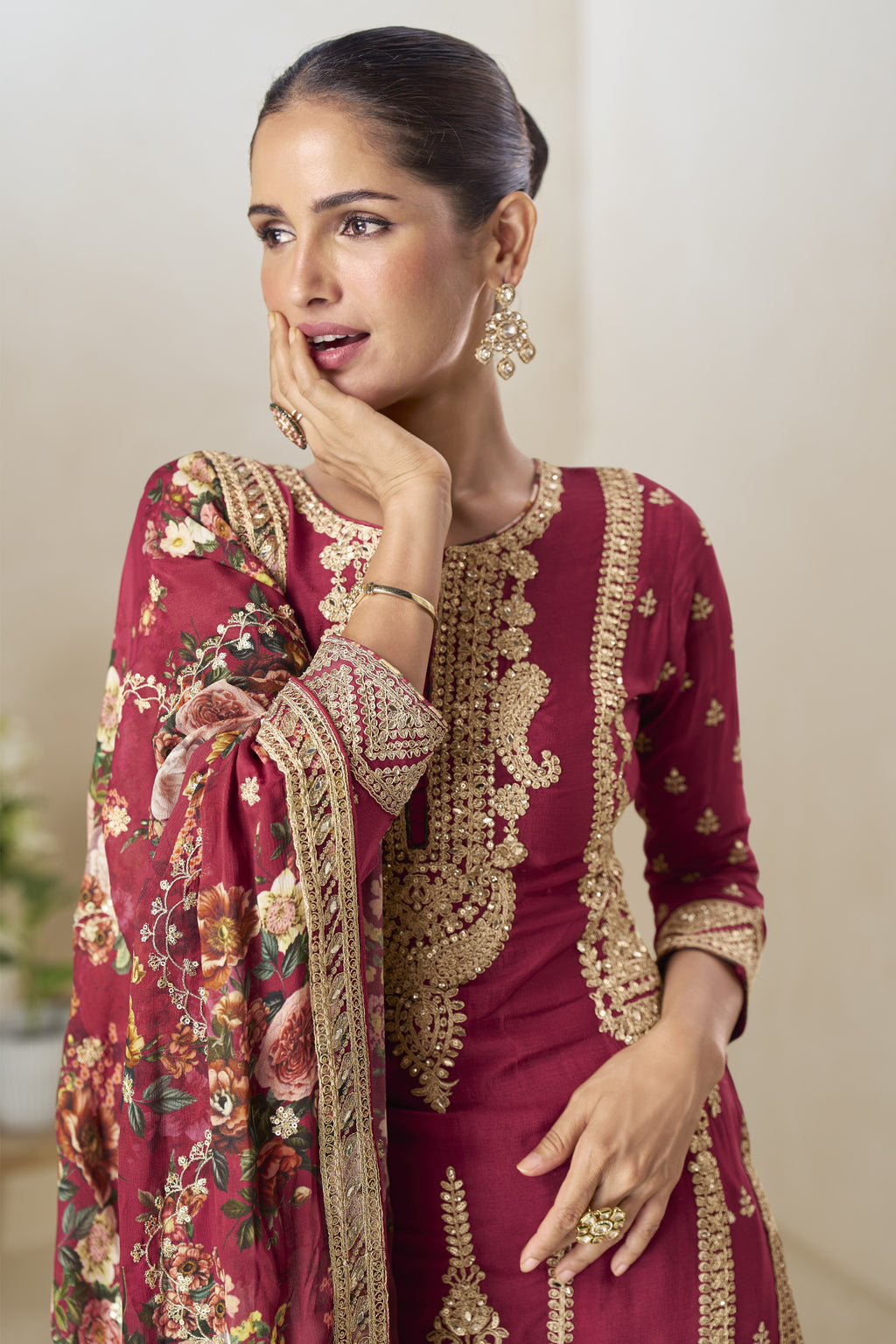 Red Chinon Silk Floral Plazo Suit For Indian & Pakistani Wedding Festival - Thread & Sequins Emboridery Work, Print Work