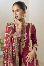 Red Chinon Silk Floral Plazo Suit For Indian & Pakistani Wedding Festival - Thread & Sequins Emboridery Work, Print Work