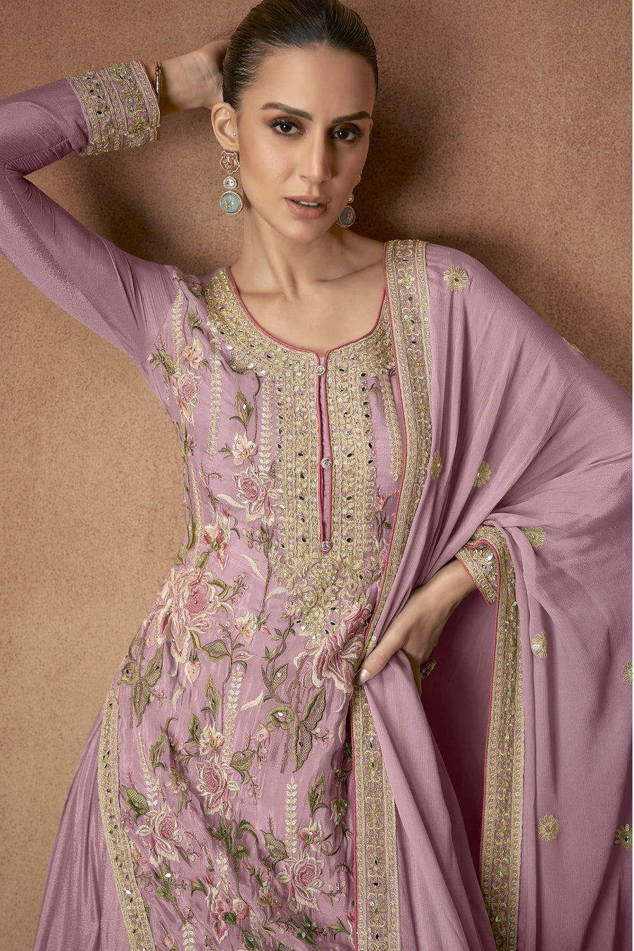 Purple Chinon Silk Flower Embroidered Palazzo Suit For Indian & Pakistani Wedding Festival - Thread Embroidery Work