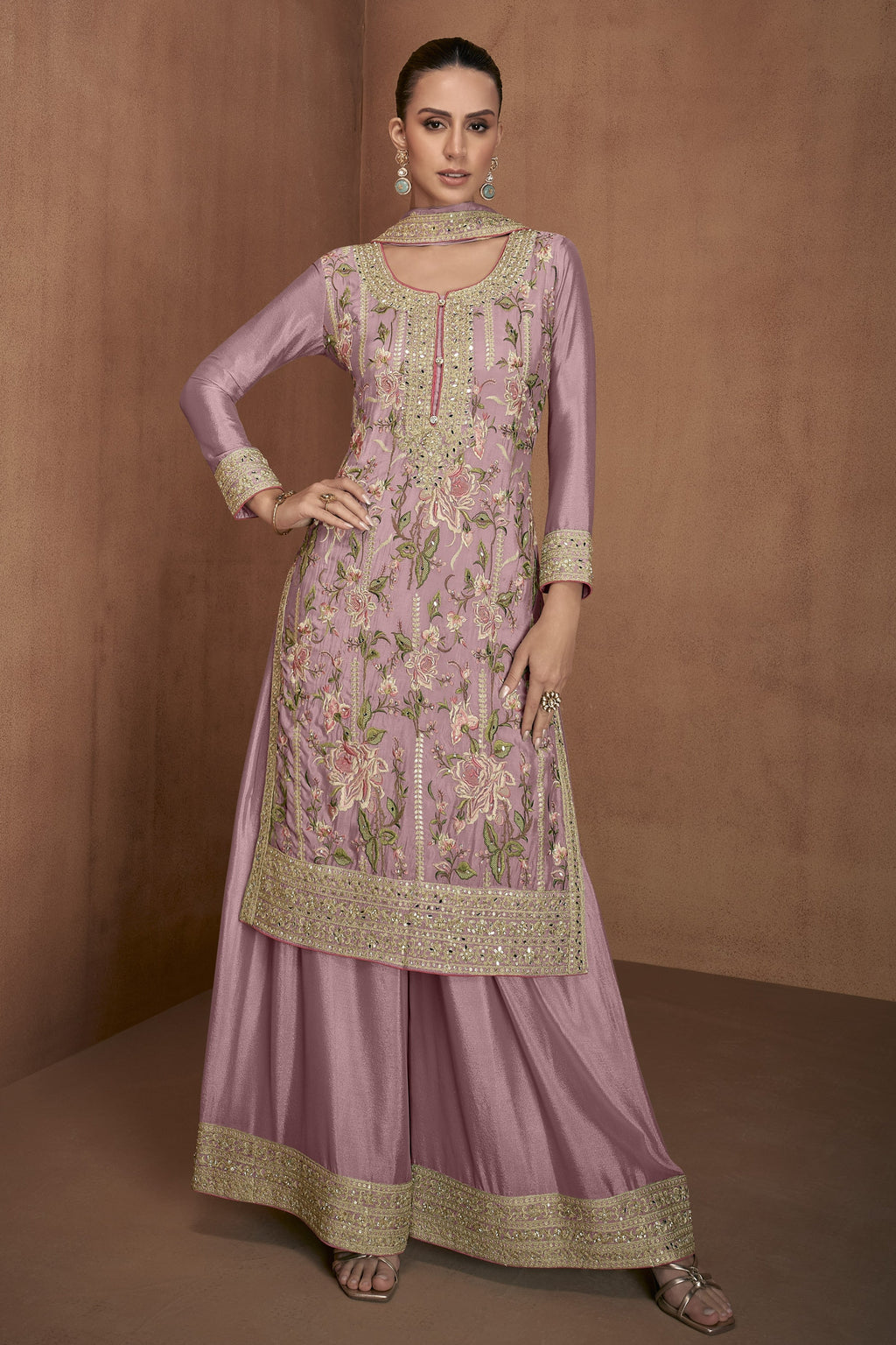 Purple Chinon Silk Flower Embroidered Palazzo Suit For Indian & Pakistani Wedding Festival - Thread Embroidery Work