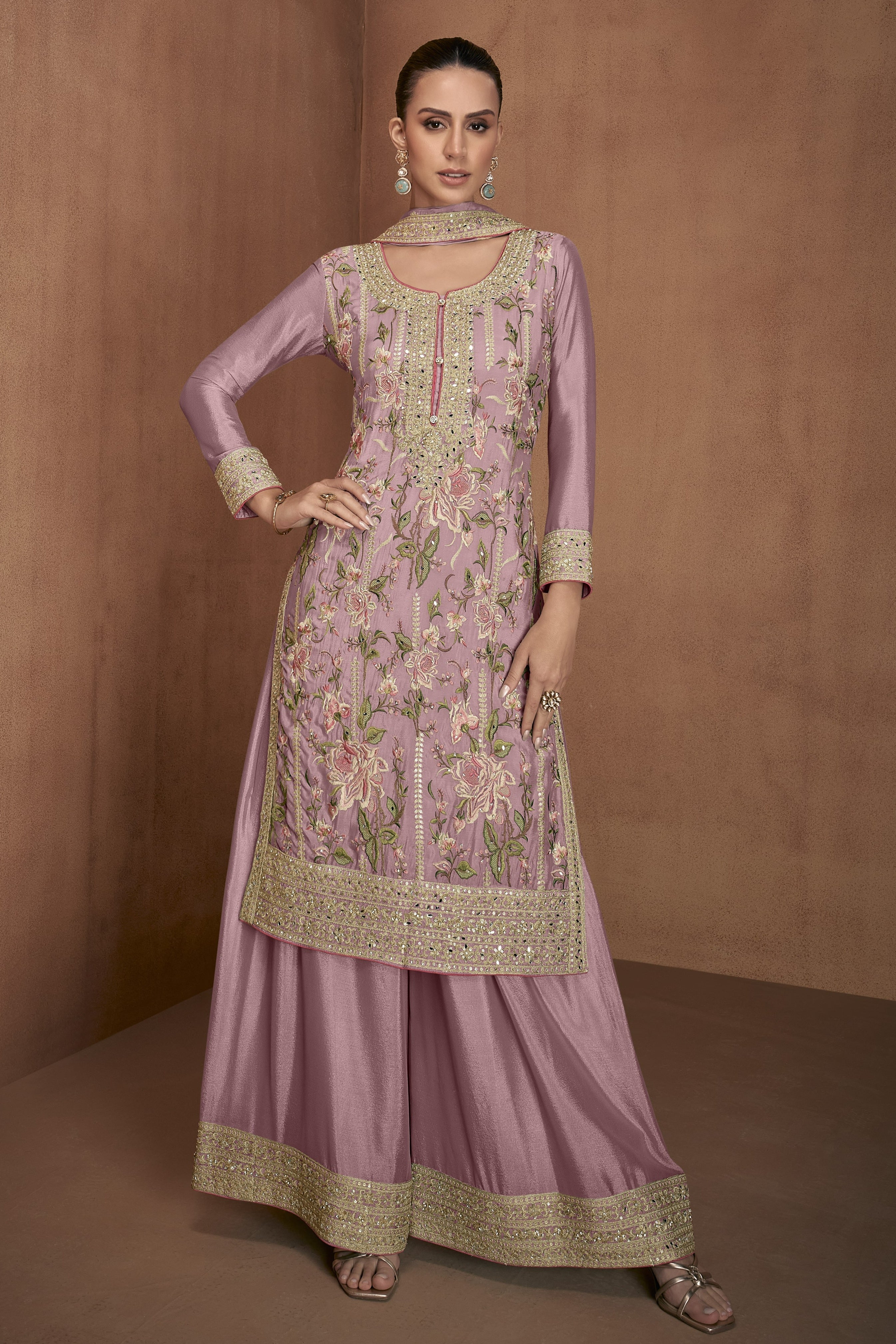 Purple Chinon Silk Flower Embroidered Palazzo Suit For Indian & Pakistani Wedding Festival - Thread Embroidery Work