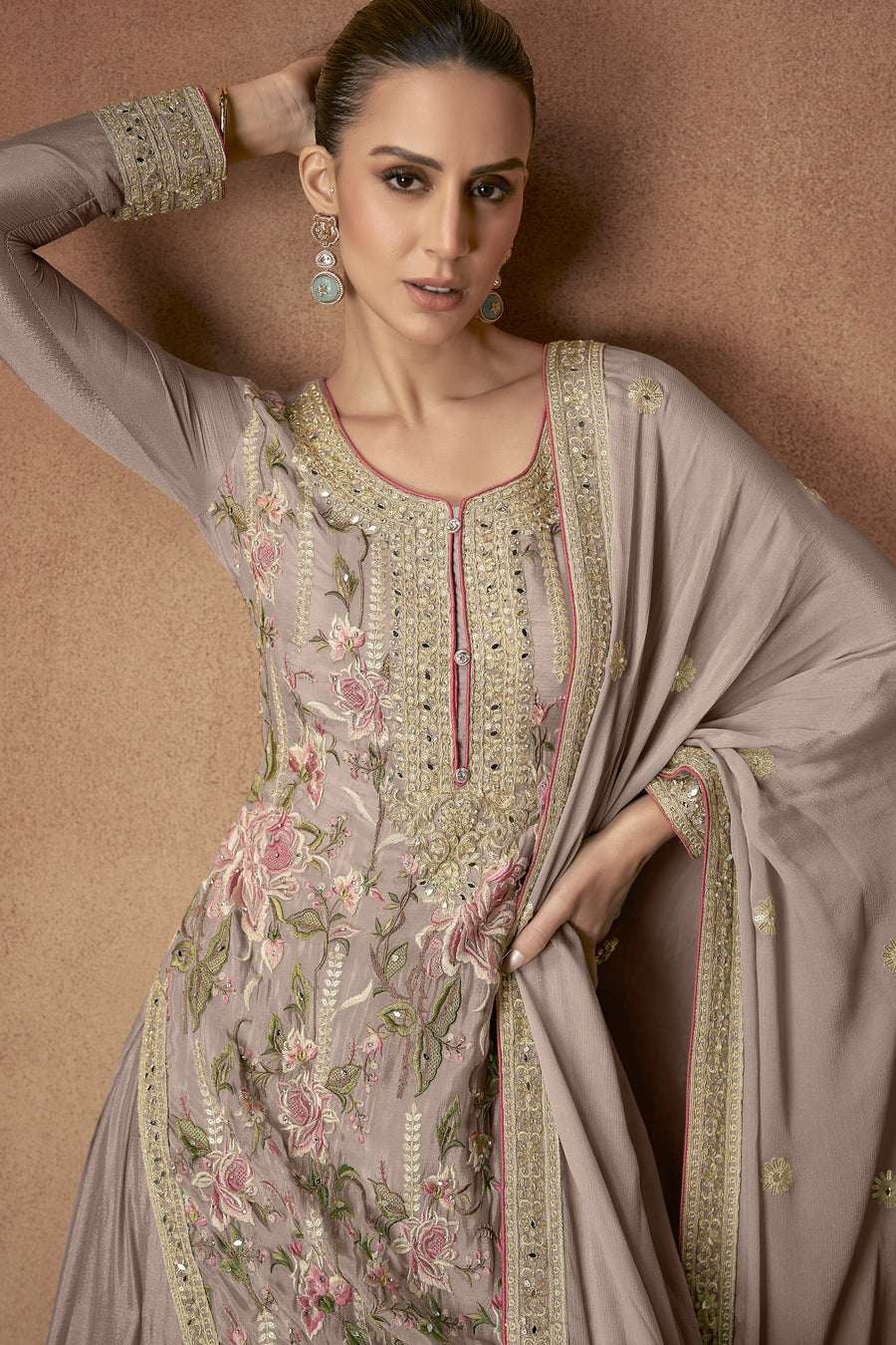 Gray Brown Chinon Silk Flower Embroidered Palazzo Suit For Indian & Pakistani Wedding Festival - Thread Embroidery Work