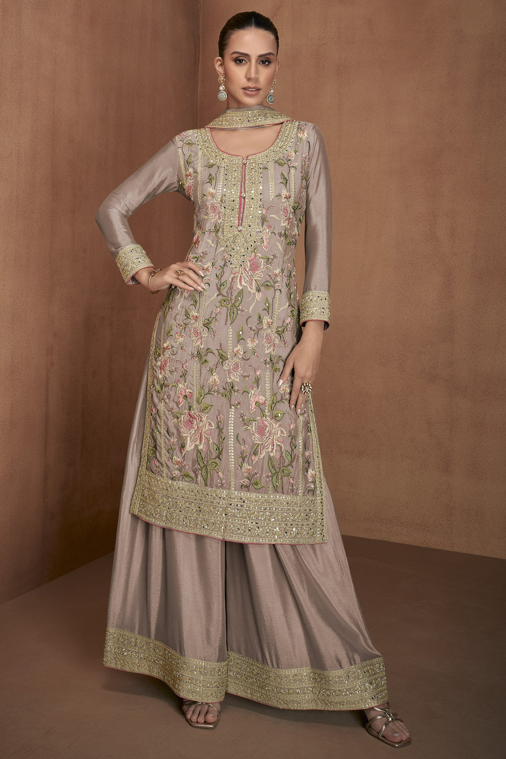 Gray Brown Chinon Silk Flower Embroidered Palazzo Suit For Indian & Pakistani Wedding Festival - Thread Embroidery Work