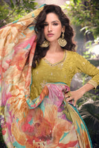 Mustard Simar Silk Plazo Suit For Indian Festivals & Weddings - Embroidery Work, Print Work