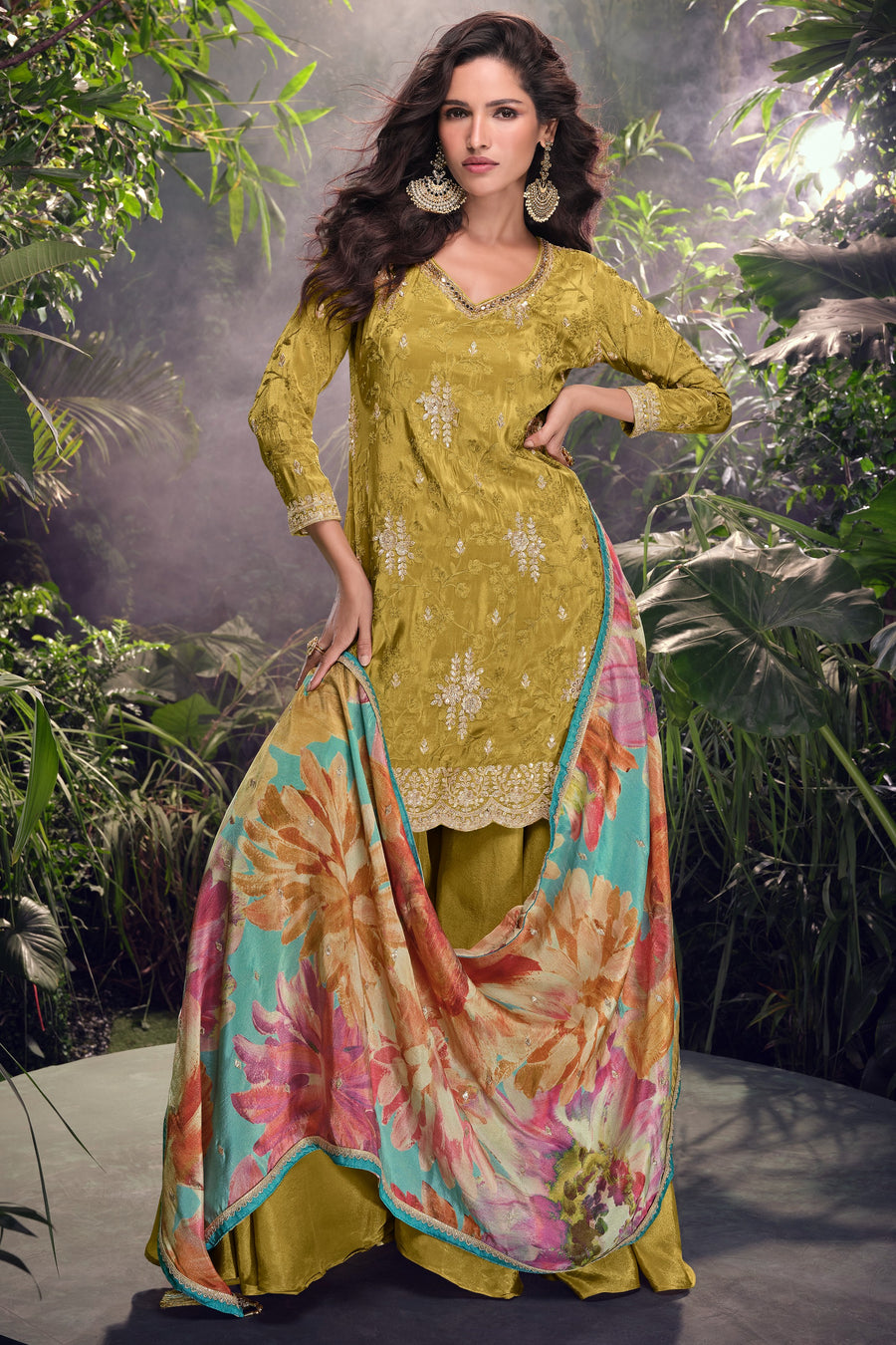 Mustard Simar Silk Plazo Suit For Indian Festivals & Weddings - Embroidery Work, Print Work