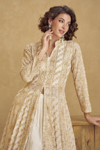 Off-White Georgette Flont Slit Anarkali Suit For Indian & Pakistani Wedding Festival - Thread Embroidery Work, Sequence Embroidery Work