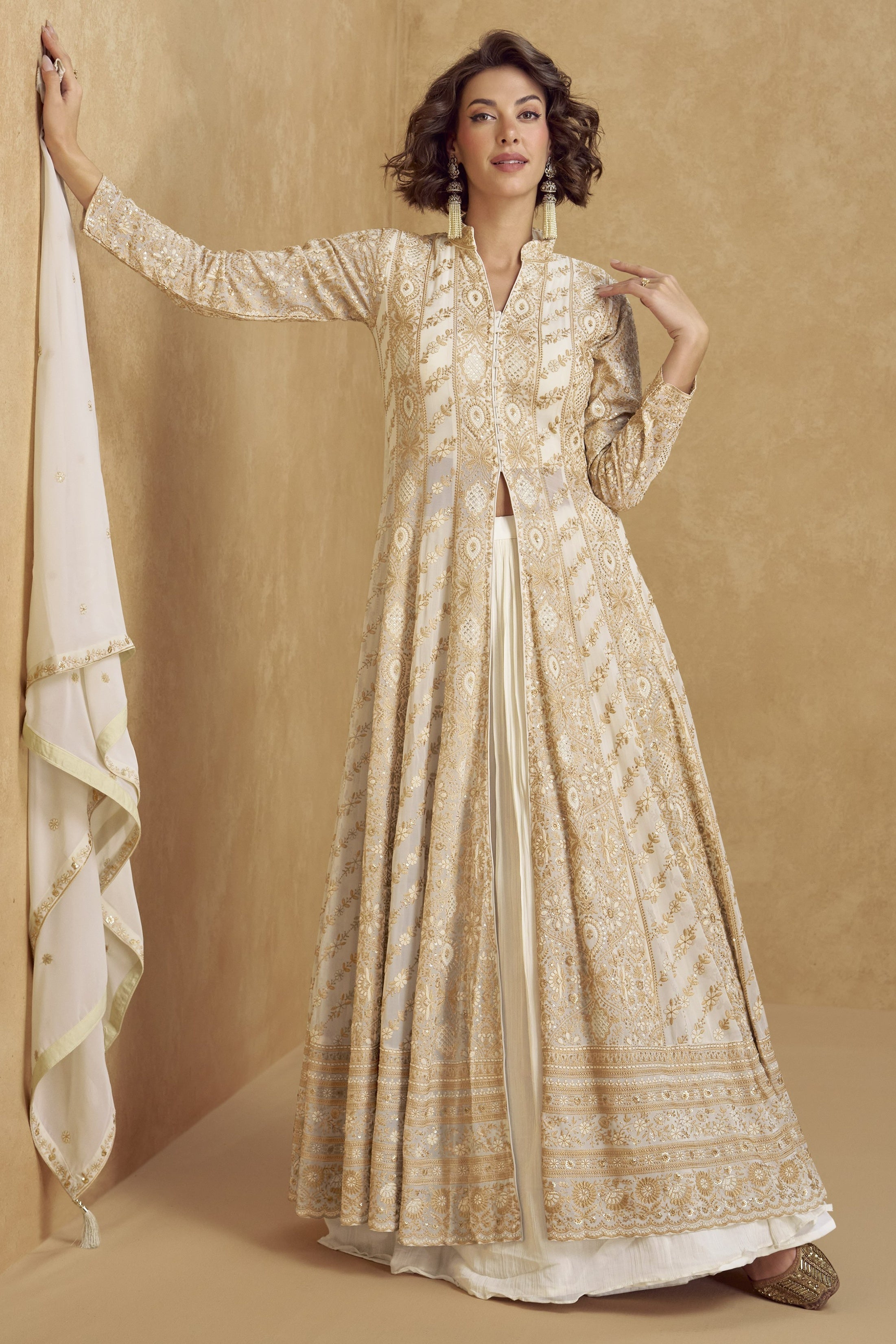 Off-White Georgette Anarkali Suit For Indian & Pakistani Wedding Festival - Thread Embroidery Work, Sequence Embroidery Work