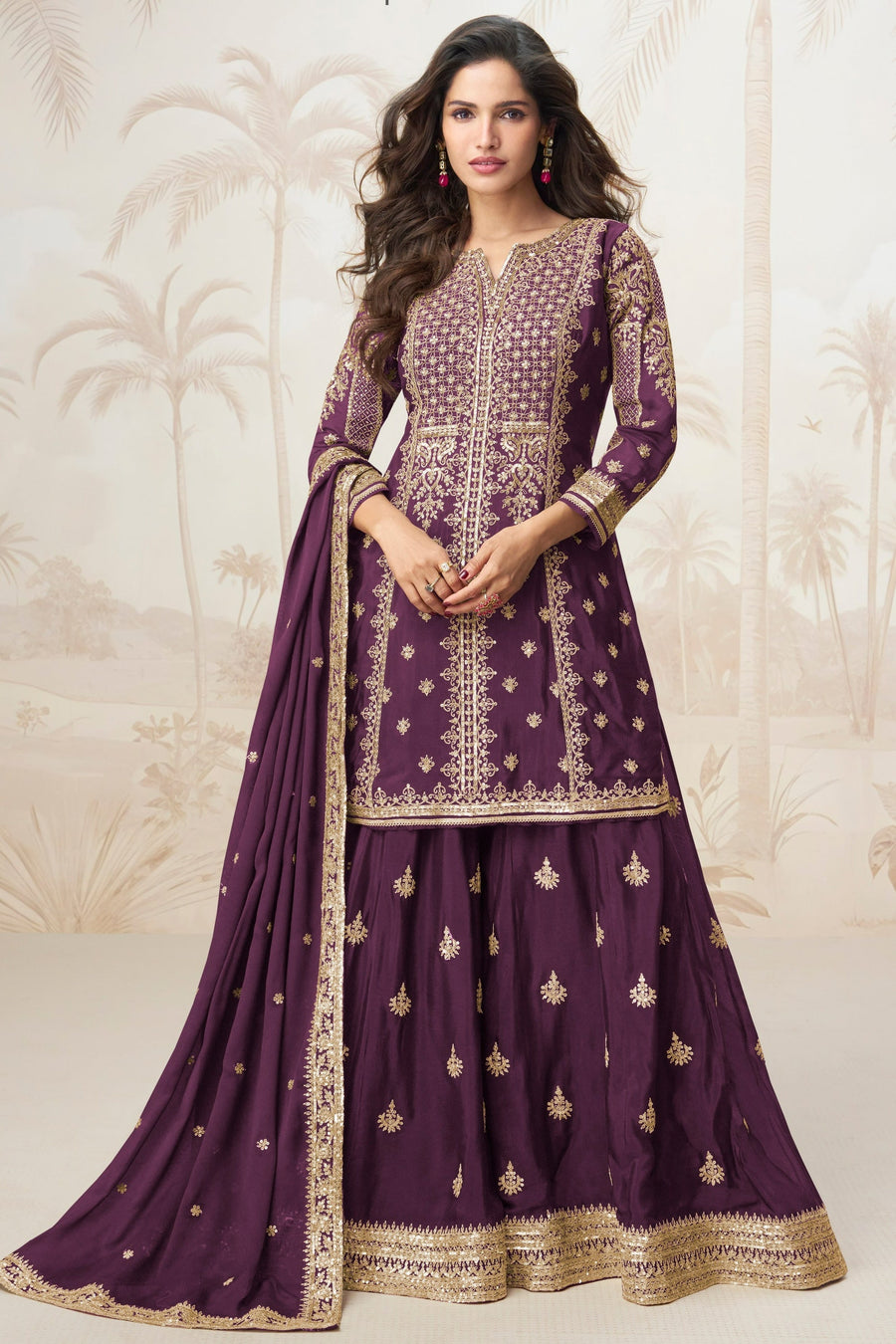 Brown Chinon Silk Palazzo Suit For Indian & Pakistani Wedding Festival - Sequence Embroidery Work, Embroidery Work