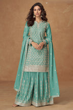 Teal Chinon Silk Sharara Suit For Indian & Pakistani Wedding Festival - Embroidery Work