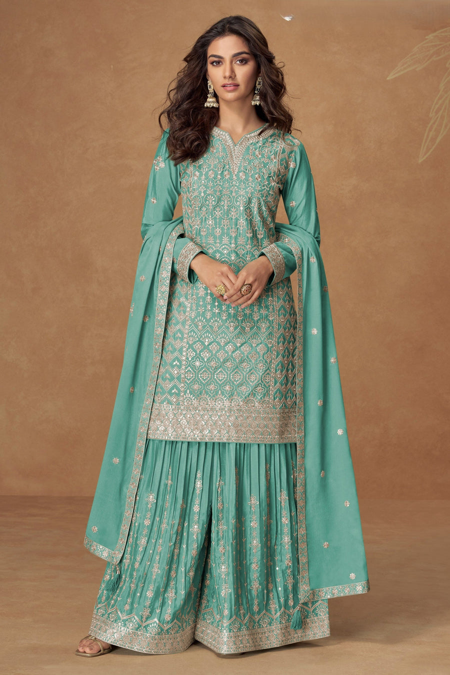 Teal Chinon Silk Sharara Suit For Indian & Pakistani Wedding Festival - Embroidery Work