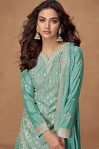 Teal Chinon Silk Palazzo Suit For Indian & Pakistani Wedding Festival - Embroidery Work