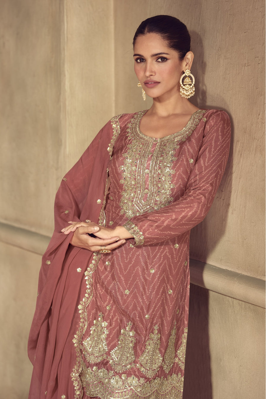 Rose Chinon Silk Palazzo Suit For Indian & Pakistani Wedding Festival - Thread & Sequence Embroidery Work, Print Work