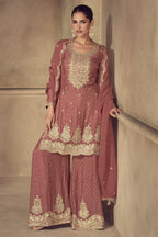 Rose Chinon Silk Palazzo Suit For Indian & Pakistani Wedding Festival - Thread & Sequence Embroidery Work, Print Work