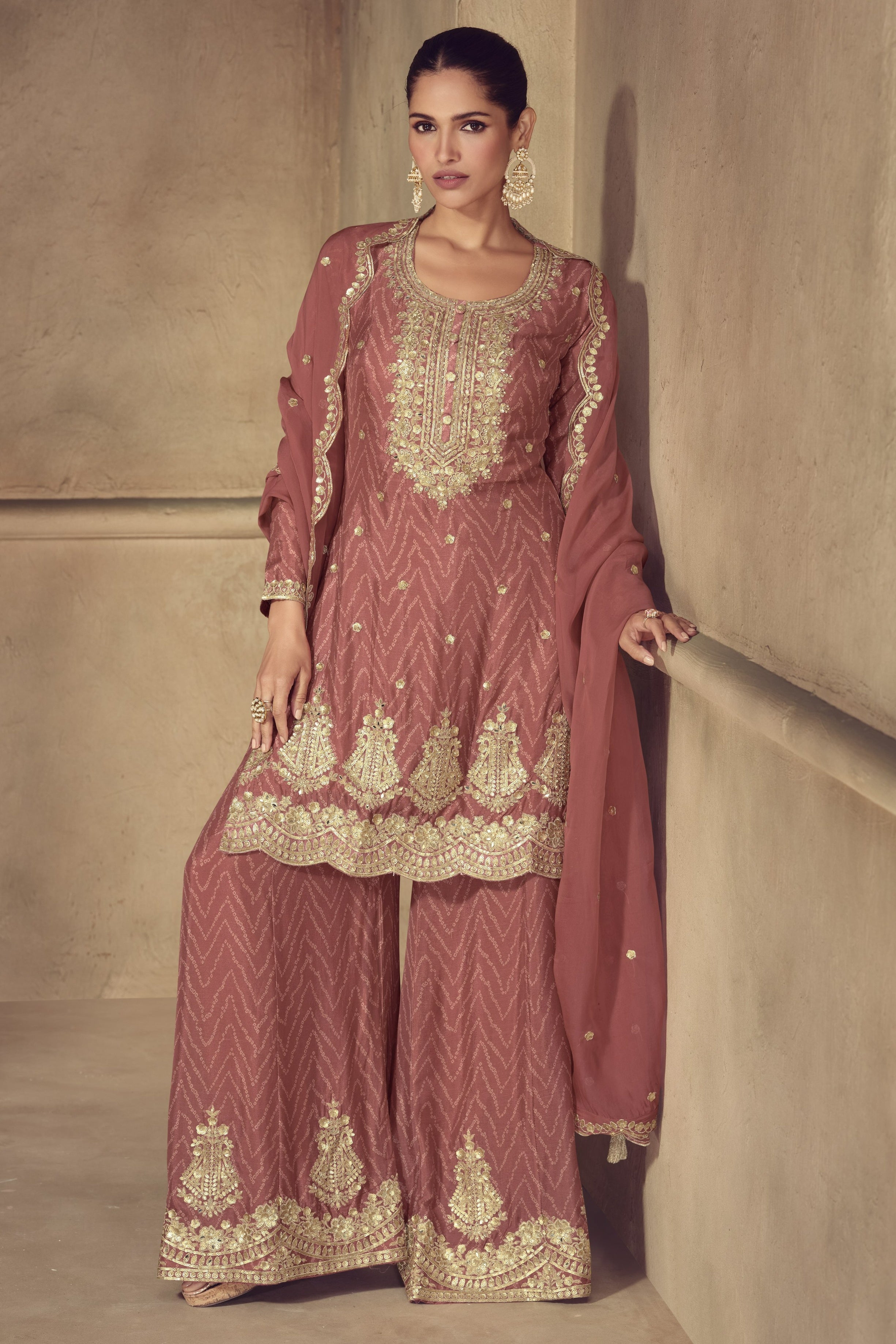 Rose Chinon Silk Palazzo Suit For Indian & Pakistani Wedding Festival - Thread & Sequence Embroidery Work, Print Work