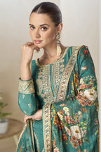 Teal Chinon Silk Floral Plazo Suit For Indian & Pakistani Wedding Festival - Thread & Sequins Emboridery Work, Print Work