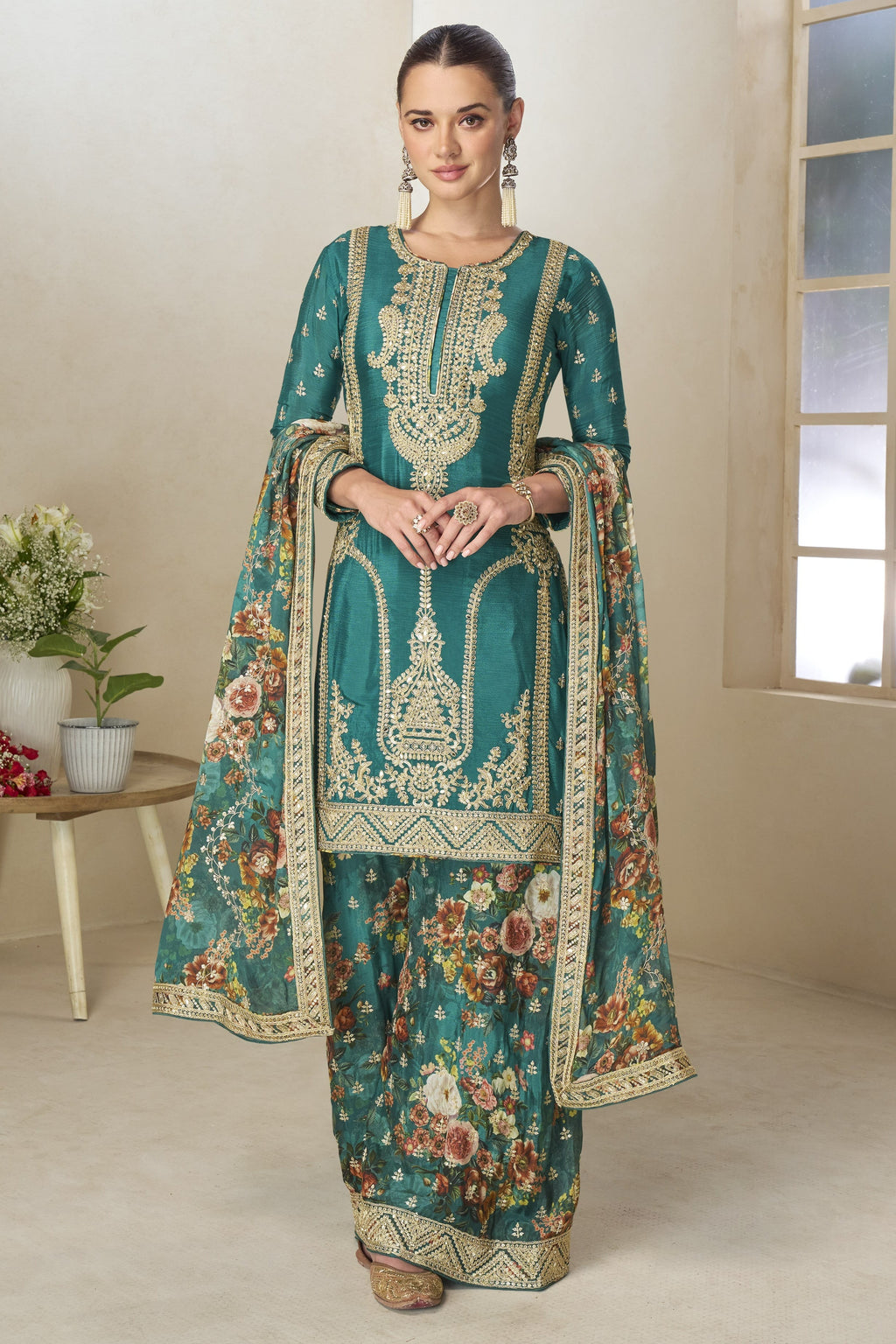 Teal Chinon Silk Floral Plazo Suit For Indian & Pakistani Wedding Festival - Thread & Sequins Emboridery Work, Print Work