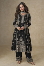 Black Chinon Silk Plazo Suit For Indian & Pakistani Wedding Festival - Sequins & Thread Embroidery Work