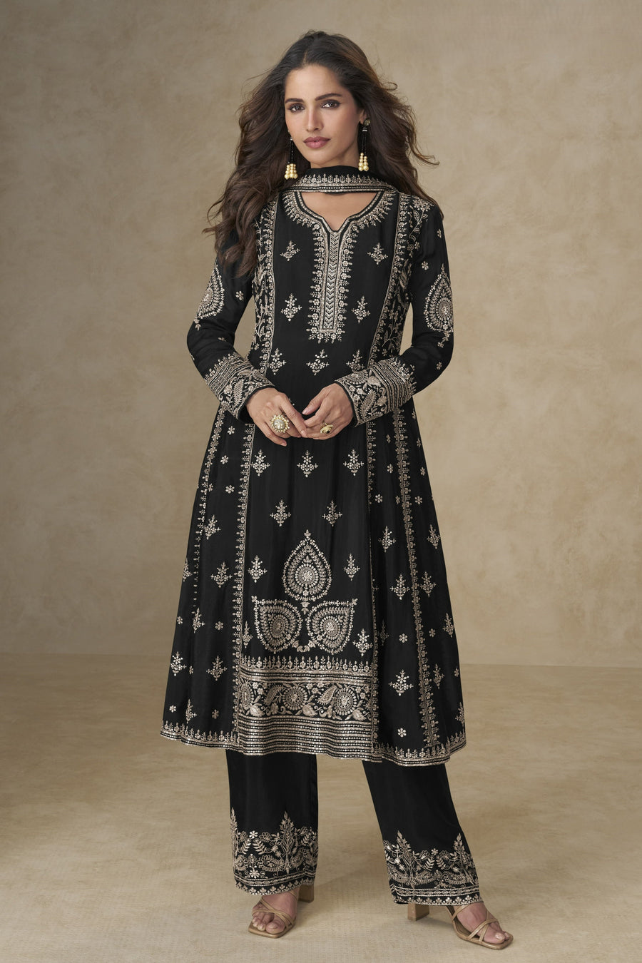Black Chinon Silk Plazo Suit For Indian & Pakistani Wedding Festival - Sequins & Thread Embroidery Work