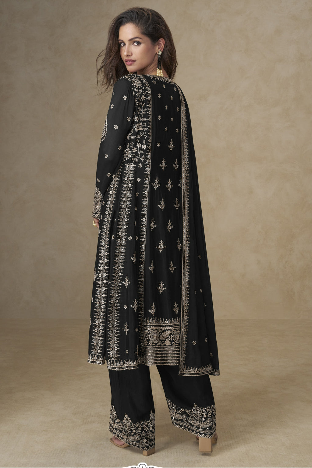 Black Chinon Silk Plazo Suit For Indian & Pakistani Wedding Festival - Sequins & Thread Embroidery Work