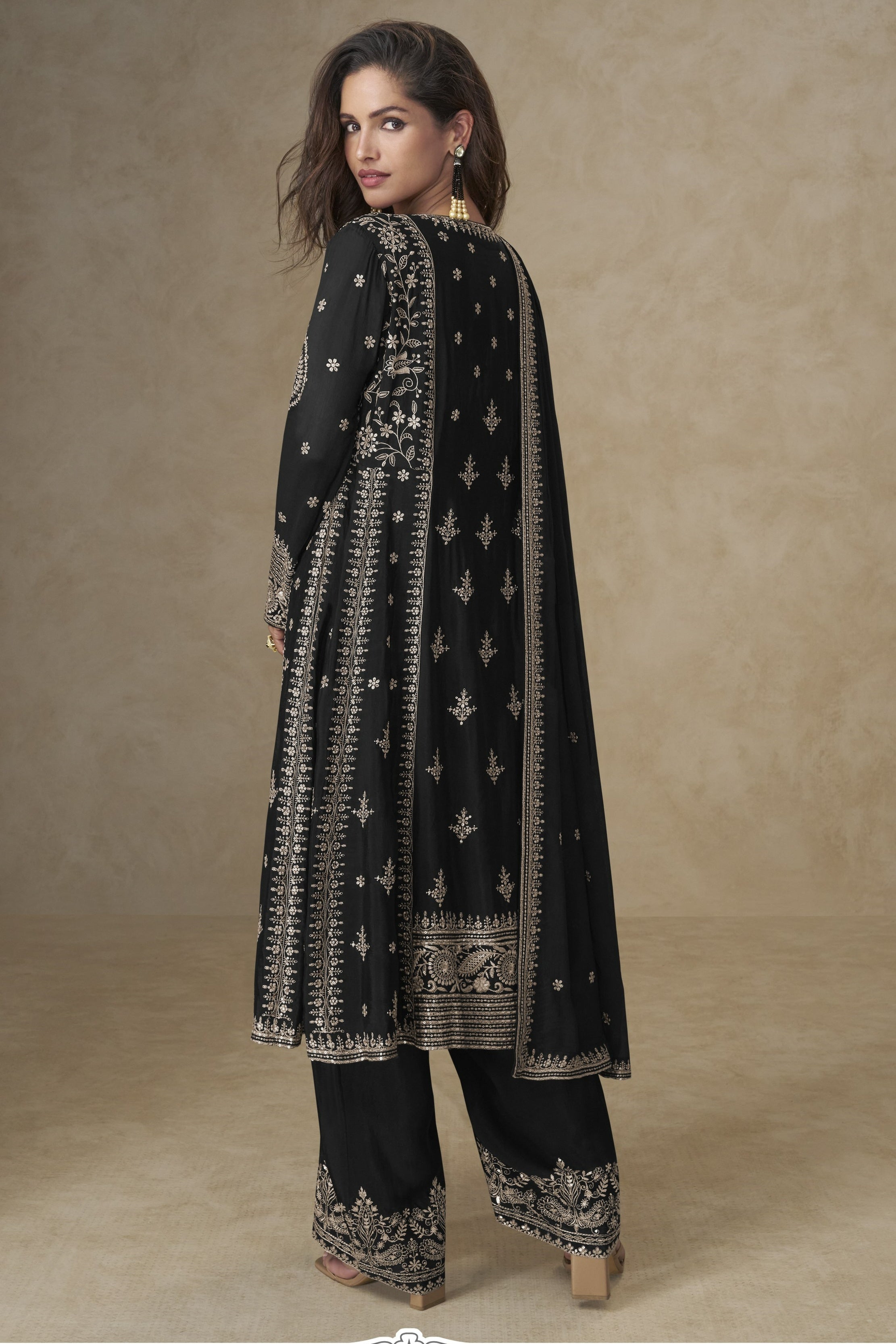 Black Chinon Silk Plazo Suit For Indian & Pakistani Wedding Festival - Sequins & Thread Embroidery Work
