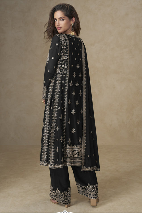 Black Chinon Silk Plazo Suit For Indian & Pakistani Wedding Festival - Sequins & Thread Embroidery Work